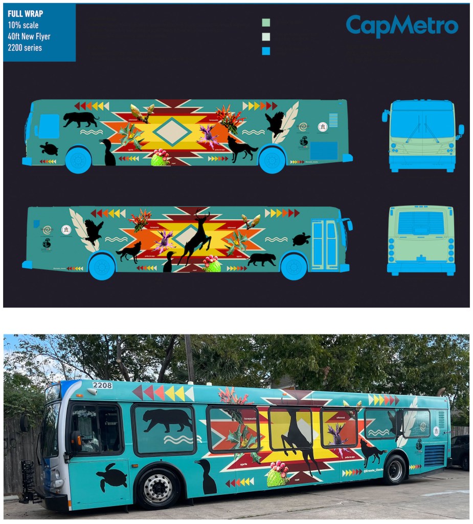 Created this vehicle wrap for for Cap Metro for Native American History month with the Coahuiltecan creation story of the 5 Guardian Animals.
